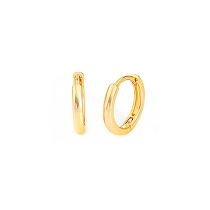 Gold-tone sleeper huggie hoop earrings, front and side view