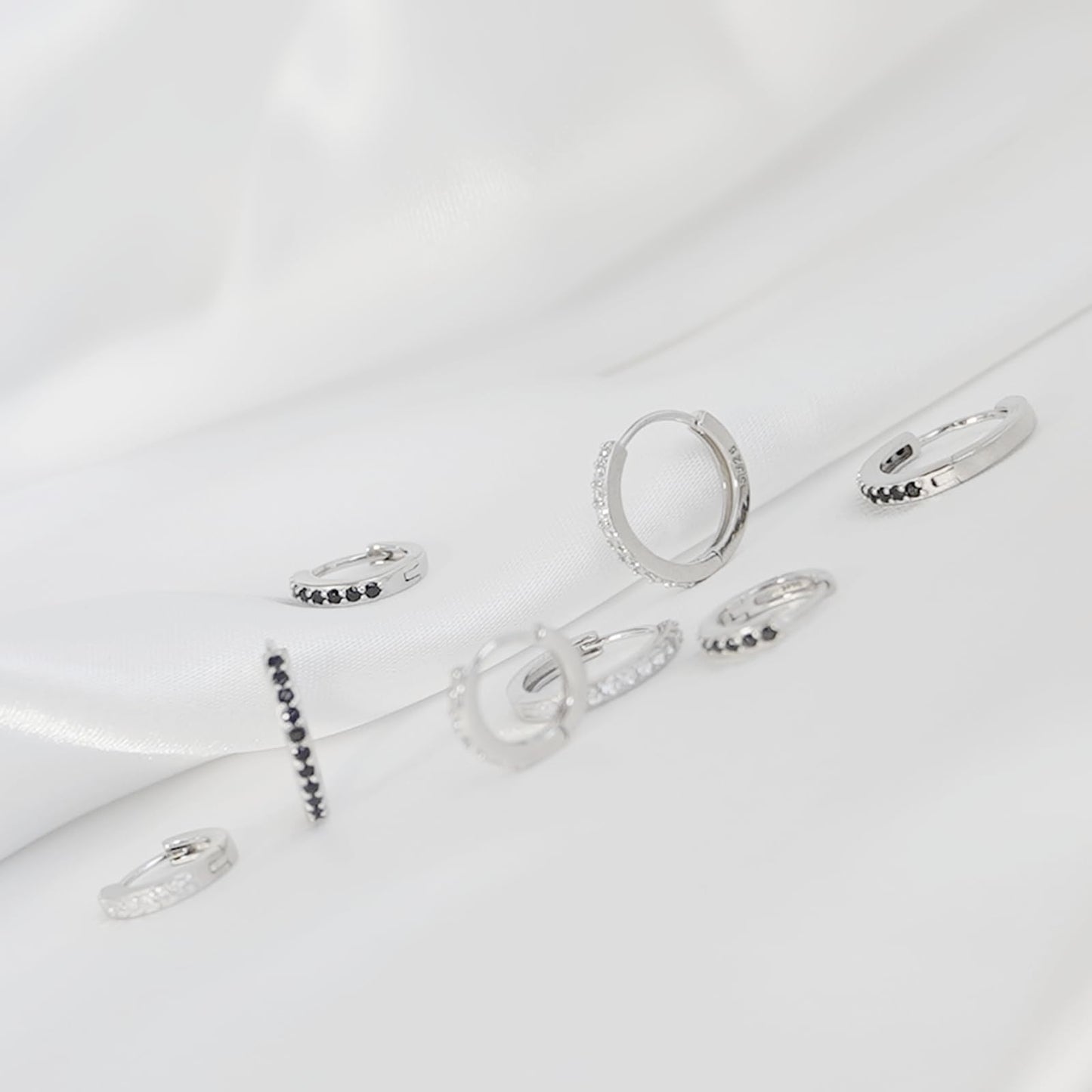 Sterling Silver 8mm 11mm Hoop Huggie White Black CZ Hinged Half Eternity Earrings