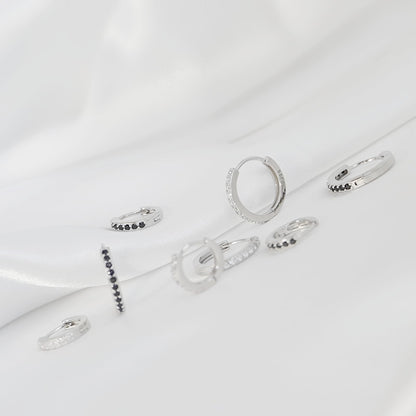 Sterling Silver 8mm 11mm Hoop Huggie White Black CZ Hinged Half Eternity Earrings