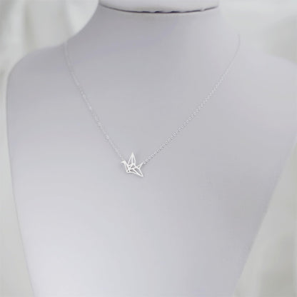 Sterling Silver Matte Brushed Origami Crane Bird Charm Pendant Necklace 38 - 42cm 16.5''