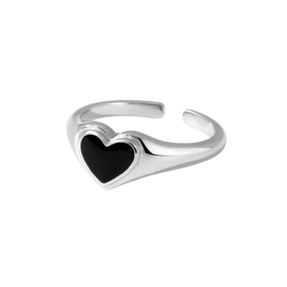 Silver ring with black heart enamel top, open cuff design