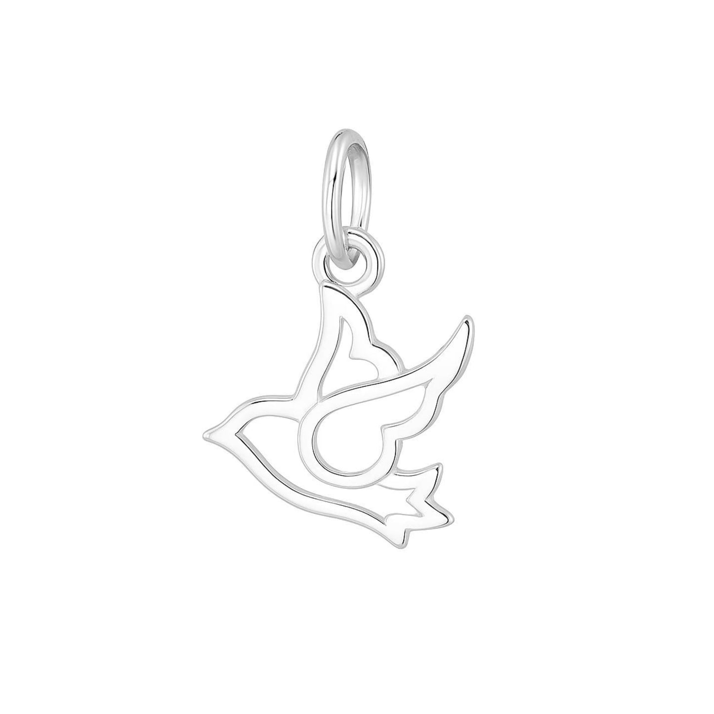 Silver dove peace charm with openwork heart, hanging bail clasp