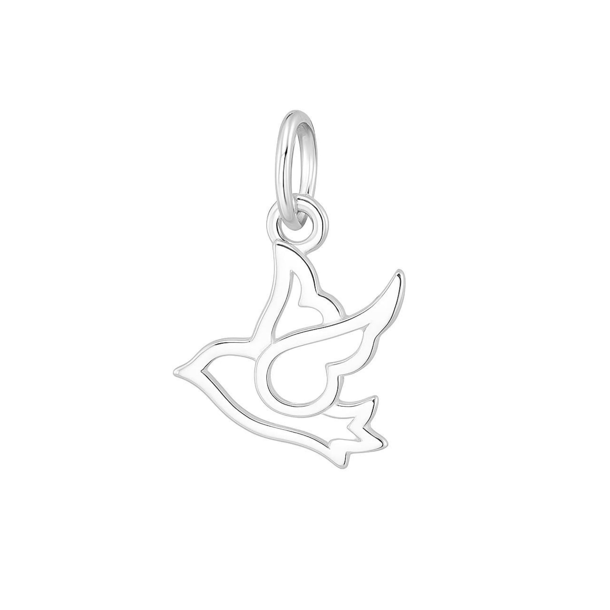 Silver dove peace charm with openwork heart, hanging bail clasp