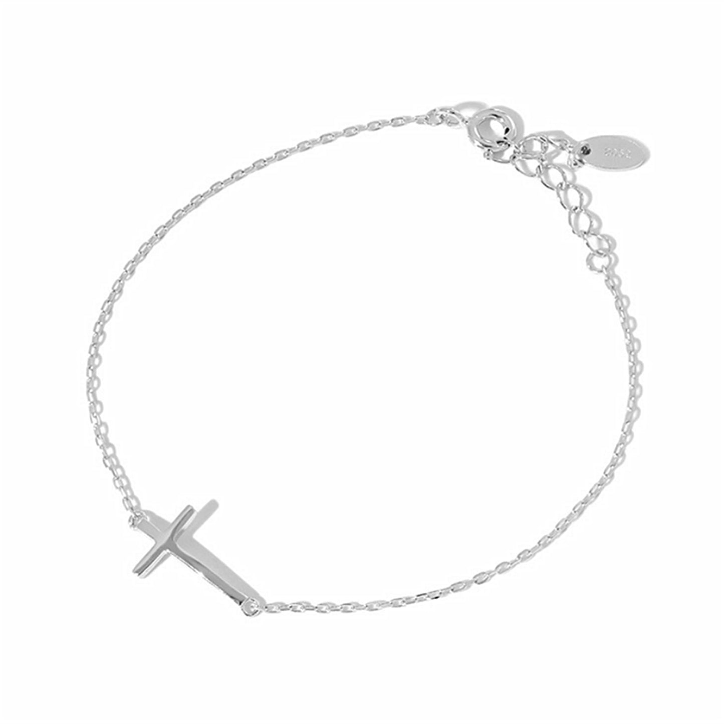 Silver-tone cross anklet bracelet with sideways cross charm, full length.