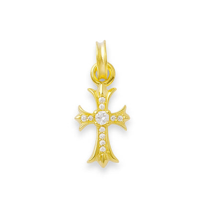 Gold cross pendant with small pavé stones and round center, hinged bail