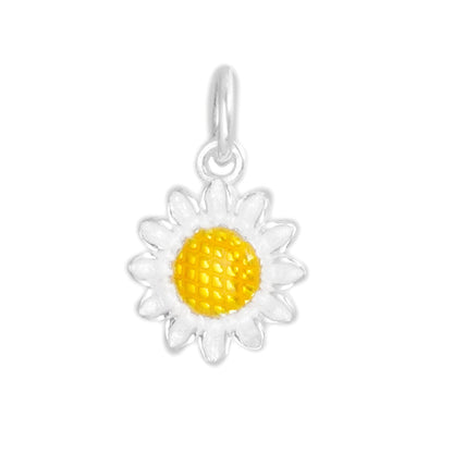 Yellow enamel sunflower charm with silver petals and loop bail