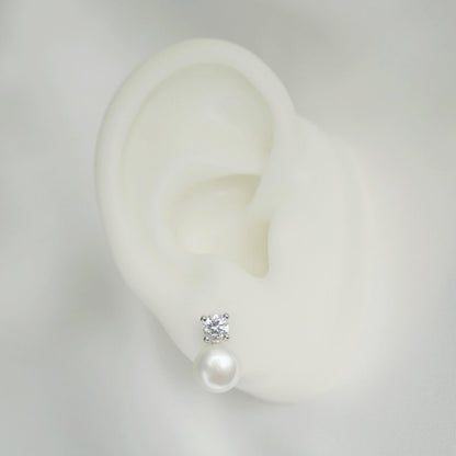 Sterling Silver 7-7.5MM Cultured White Freshwater Pearl 4mm CZ Studs Earrings
