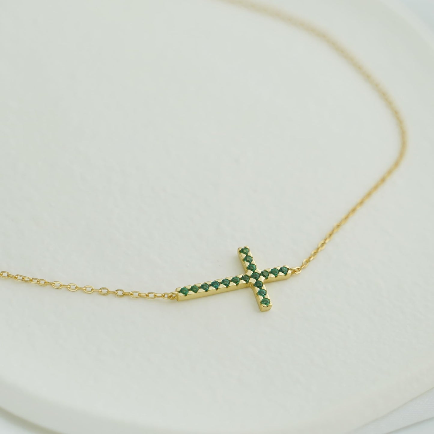 Gold on Sterling Silver Sideways Cross Green CZ Horizontal Pendant Necklace