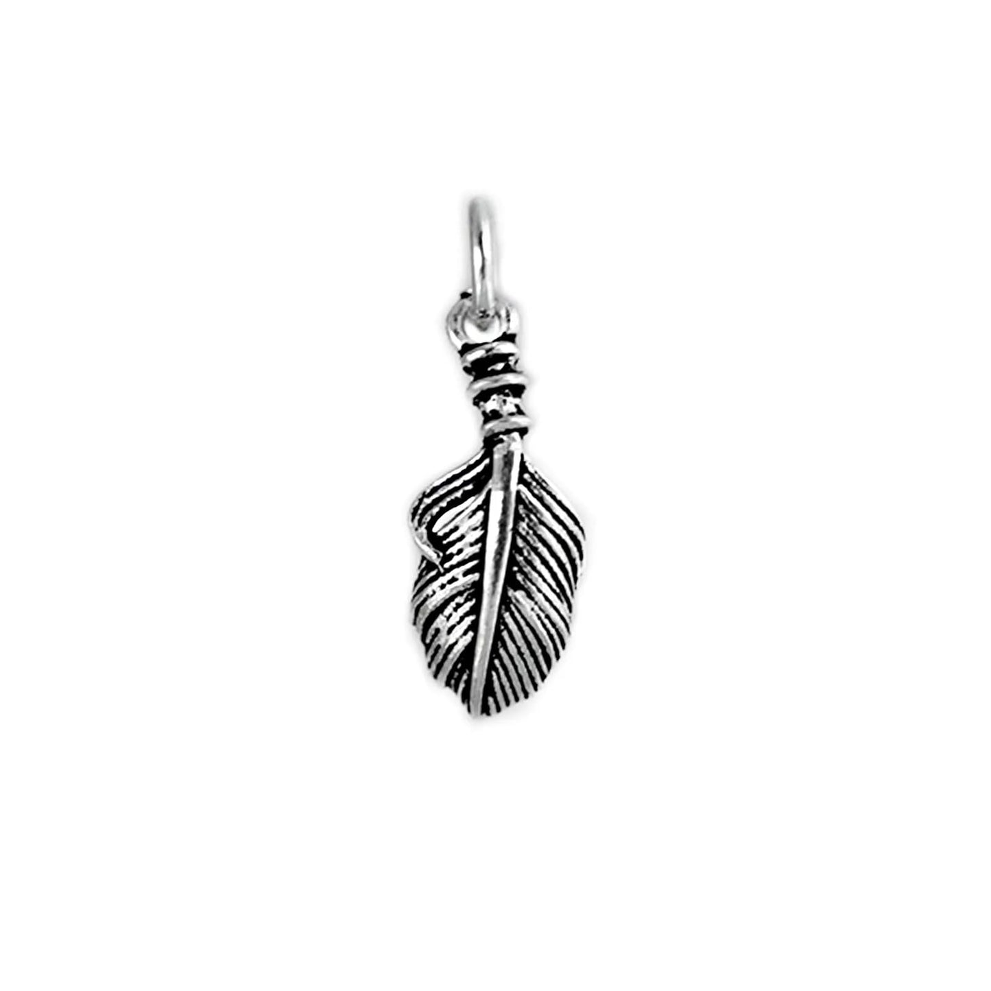 Silver feather wing charm with textured leaf-like feather pattern and loop.