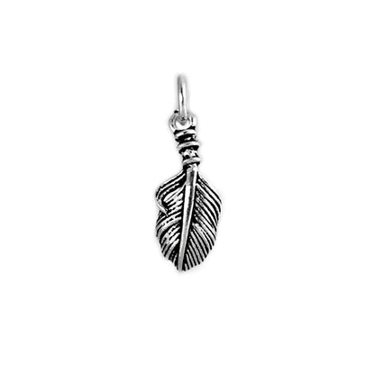 Silver feather wing charm with textured leaf-like feather pattern and loop.
