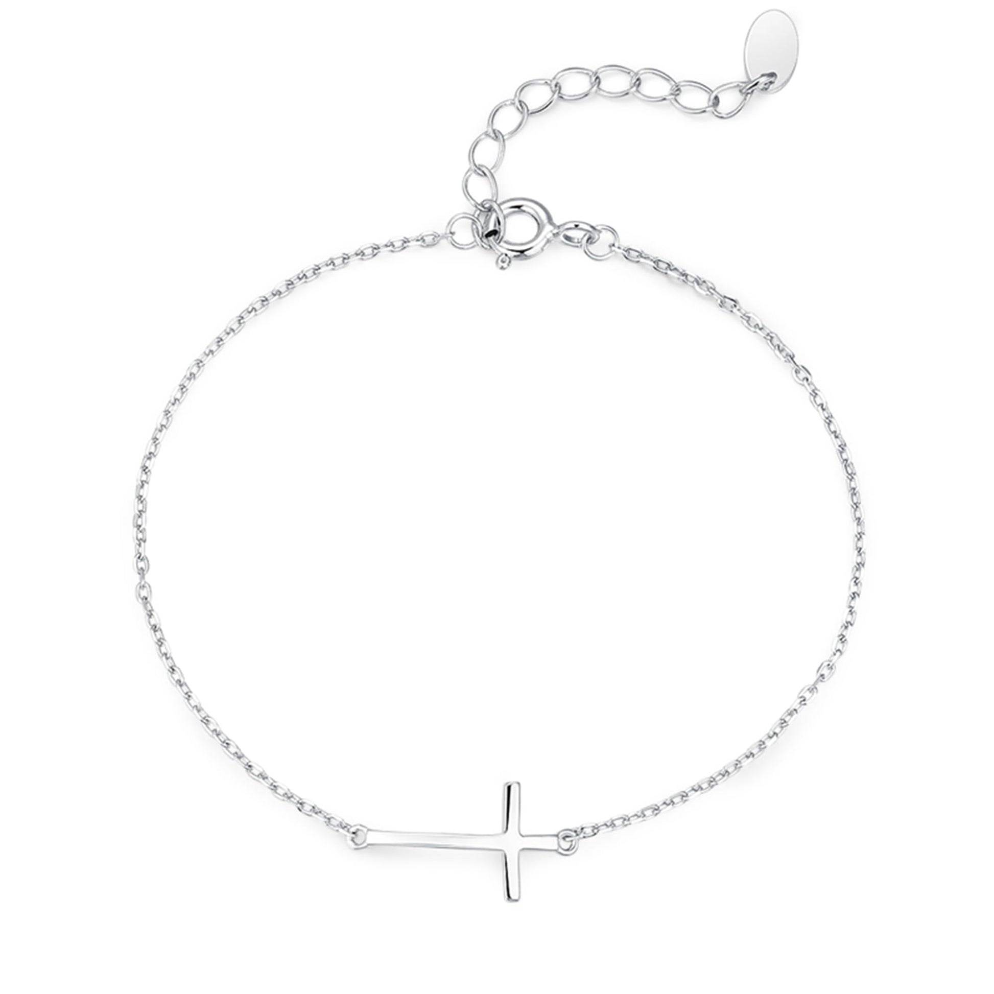 Silver-tone cross anklet bracelet with sideways cross charm.