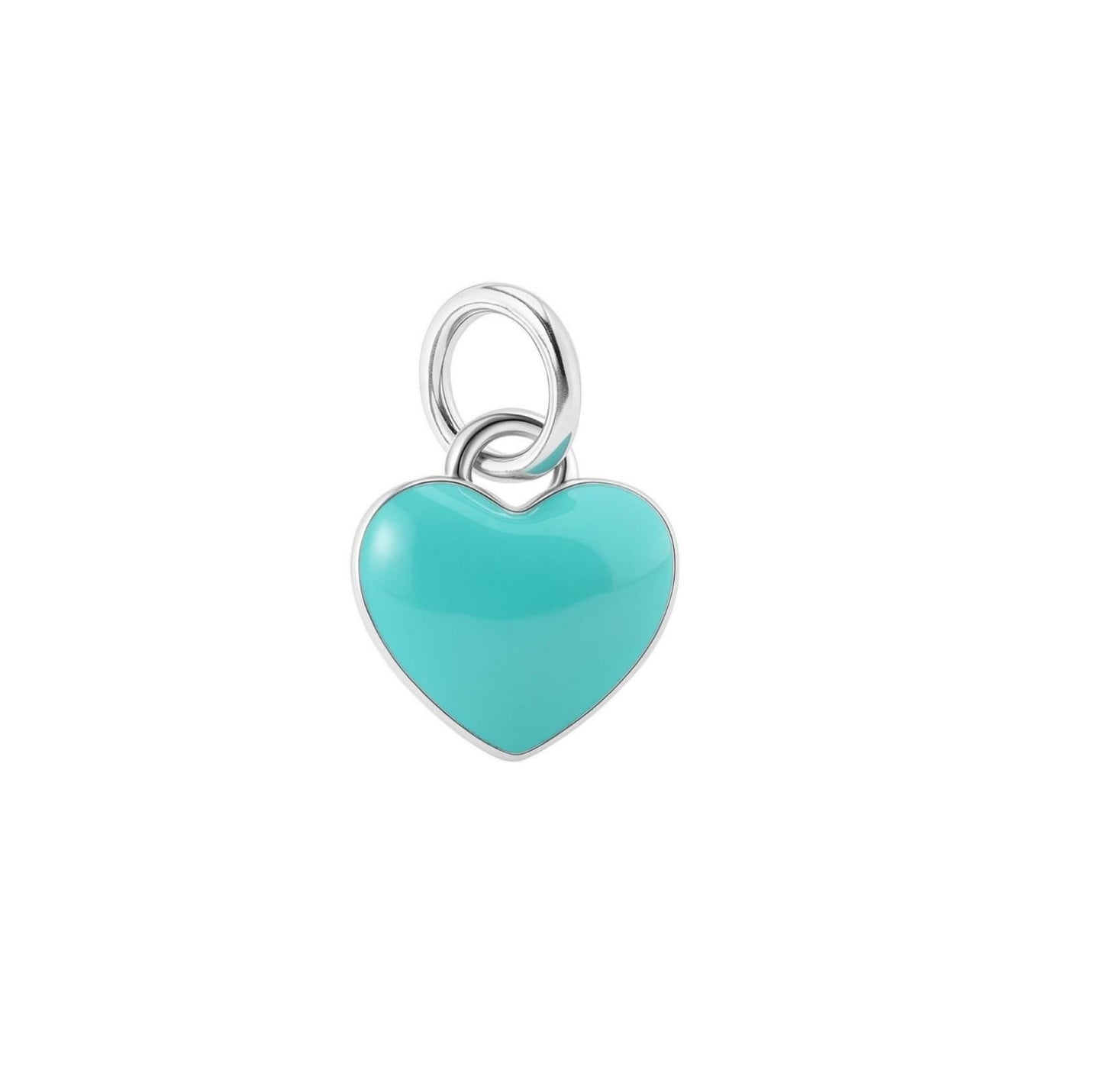 Turquoise heart charm with silver loop, glossy glazed puffy design
