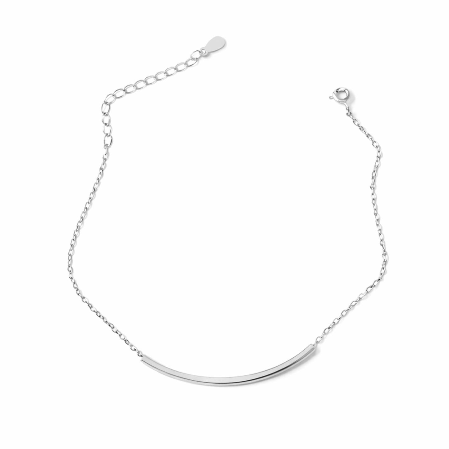 Silver curb chain anklet with curved bar tube centerpiece