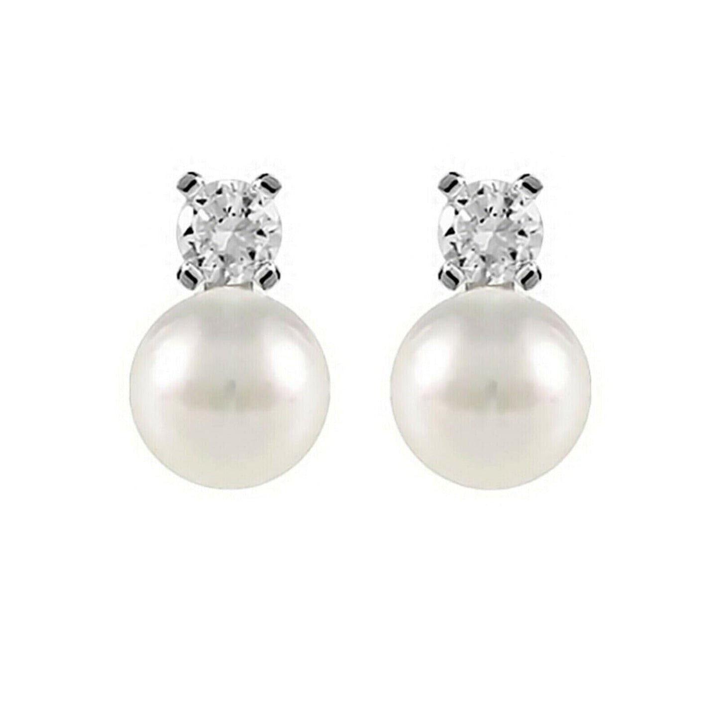 Sterling Silver 7-7.5MM Cultured White Freshwater Pearl 4mm CZ Studs Earrings