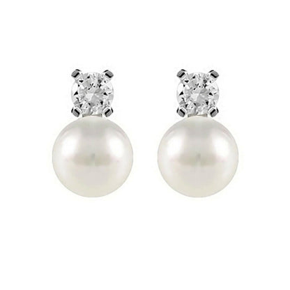 Sterling Silver 7-7.5MM Cultured White Freshwater Pearl 4mm CZ Studs Earrings