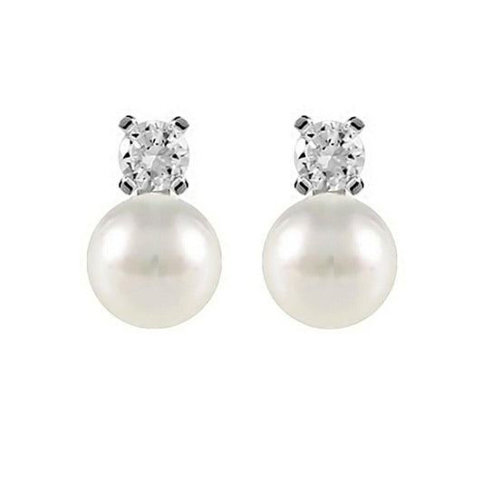 Sterling Silver 7-7.5MM Cultured White Freshwater Pearl 4mm CZ Studs Earrings