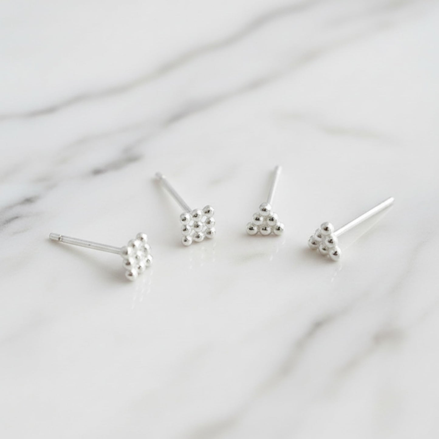Sterling Silver Mini Square Triangle Cube Bubble Ball Bead Stud Earrings
