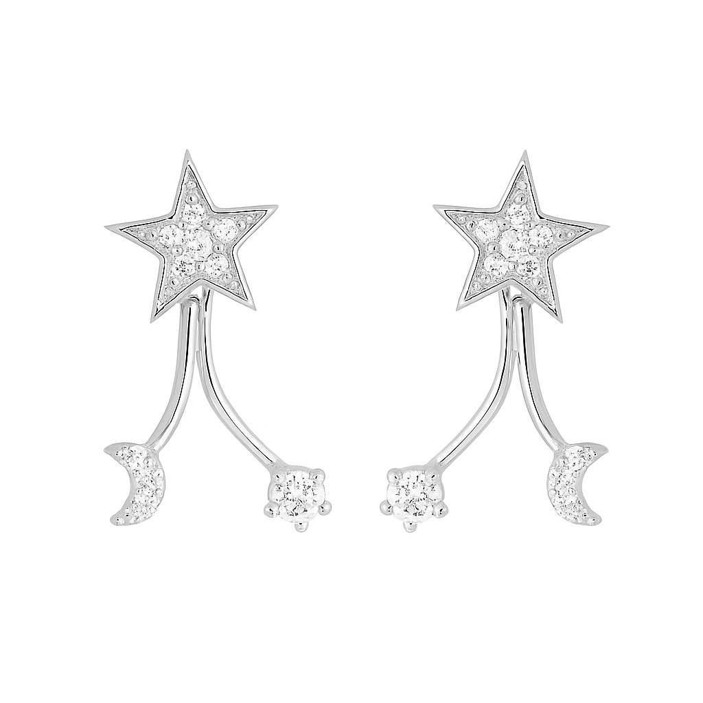Sterling Silver Star Crescent Moon CZ Drop Double Side Jacket Stud Earrings