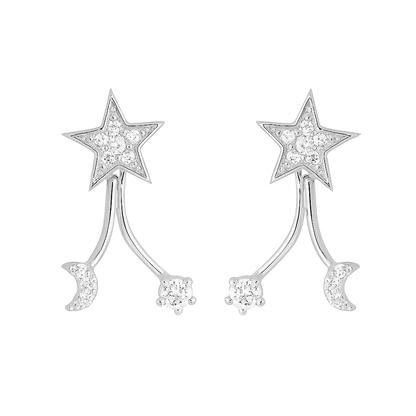 Sterling Silver Star Crescent Moon CZ Drop Double Side Jacket Stud Earrings
