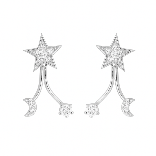 Sterling Silver Star Crescent Moon CZ Drop Double Side Jacket Stud Earrings