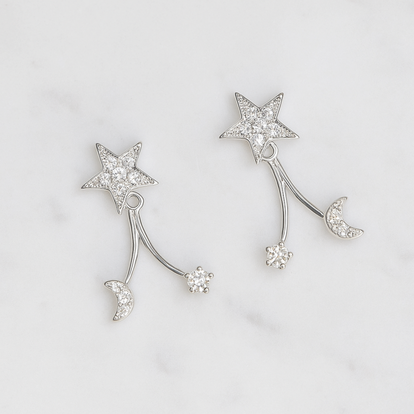 Sterling Silver Star Crescent Moon CZ Drop Double Side Jacket Stud Earrings
