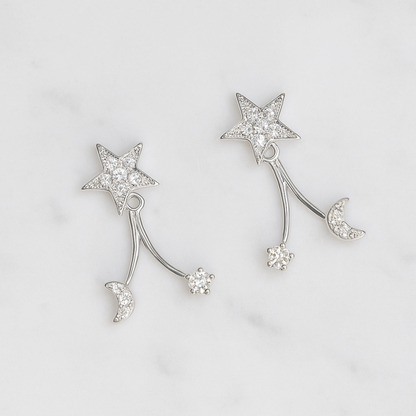 Sterling Silver Star Crescent Moon CZ Drop Double Side Jacket Stud Earrings
