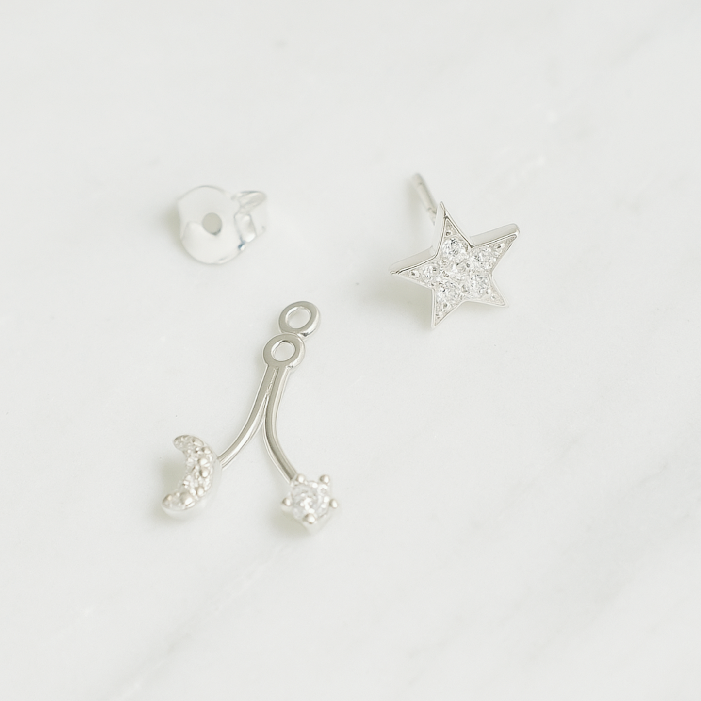 Sterling Silver Star Crescent Moon CZ Drop Double Side Jacket Stud Earrings