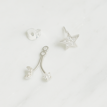 Sterling Silver Star Crescent Moon CZ Drop Double Side Jacket Stud Earrings