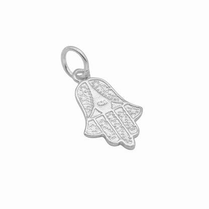 Silver hamsa hand charm pendant with detailed engraved pattern and top loop