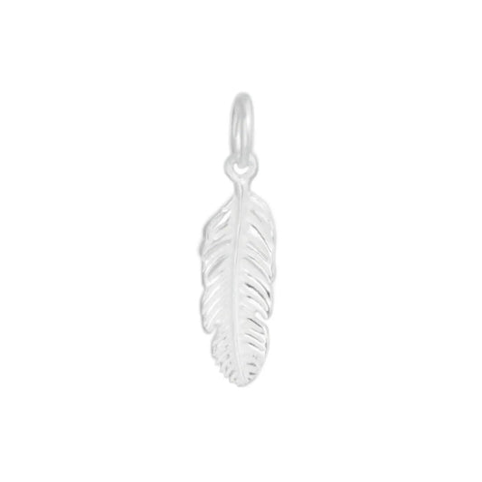 Silver feather wing charm with top loop and detailed engraved feather