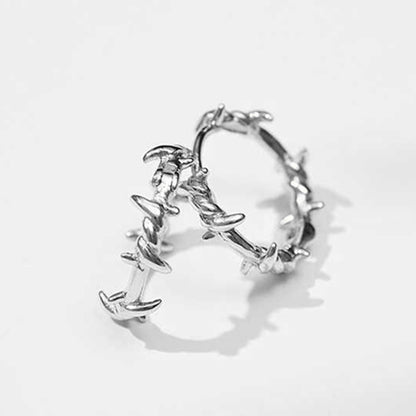 925 Sterling Silver Barb Wire Hoop Sleeper Earrings with Twisted Thorn Branch Design