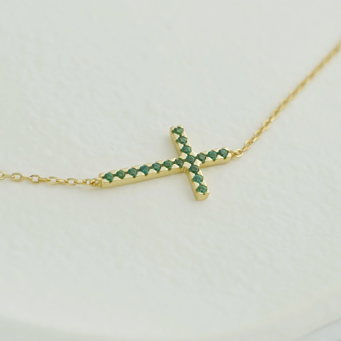 18K Gold on Sterling Silver Green CZ Cross Pendant Necklace - sugarkittenlondon