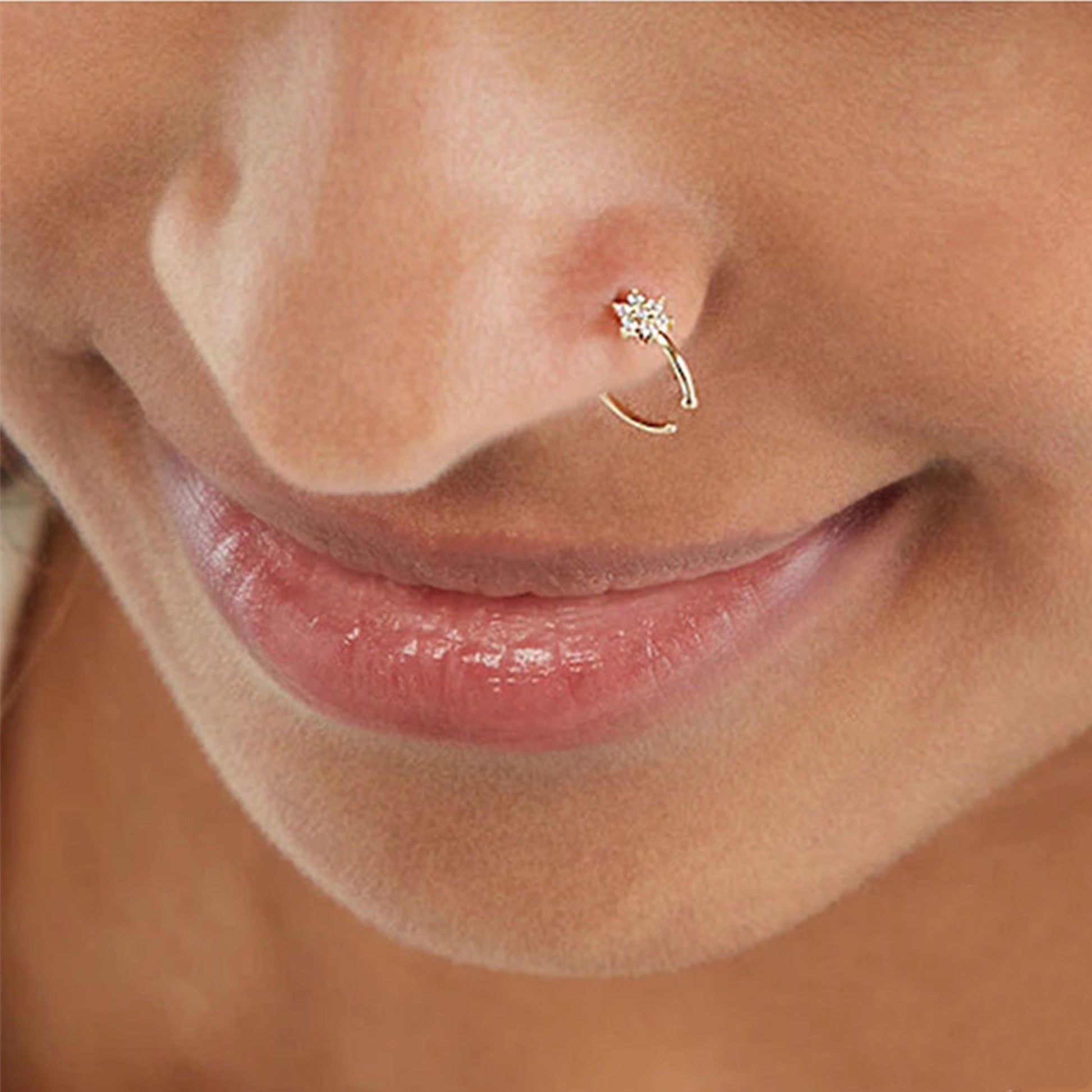 Sterling Silver Nose Ring Nose Hoop Paved CZ Crystal Flower Three Stones 2 Tones - sugarkittenlondon