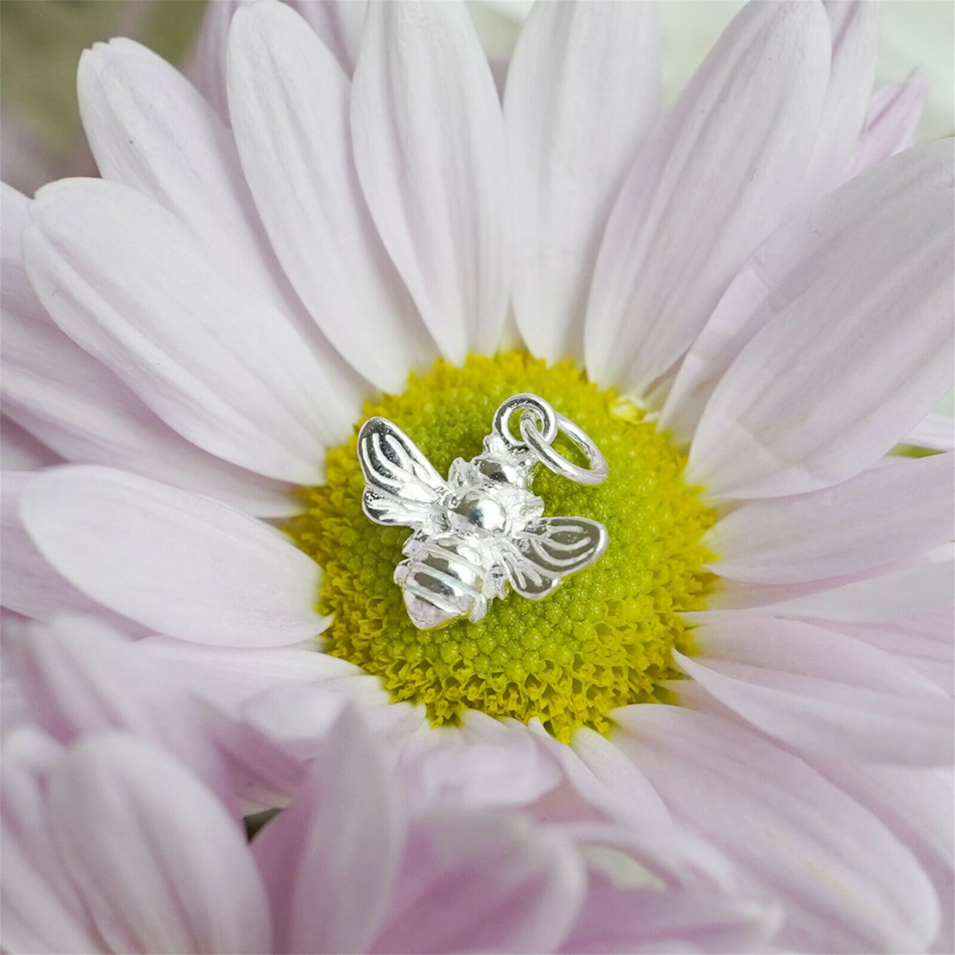 3D bumble bee charm pendant, silver-toned with wing details and top loop