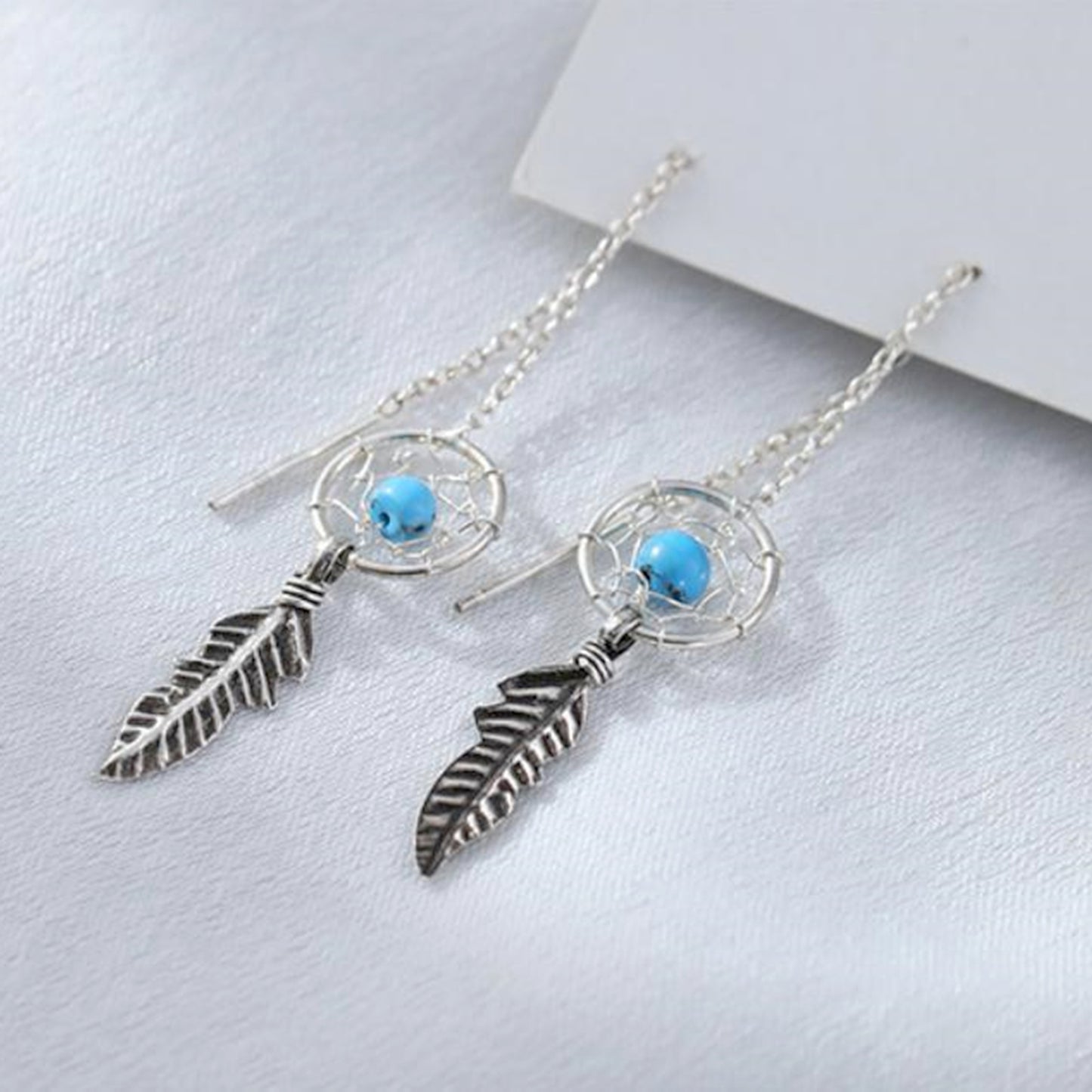Sterling Silver Oxidized Dream Catcher Wing Feather Bead Ball Threader Earrings - Thread Ball Earrings