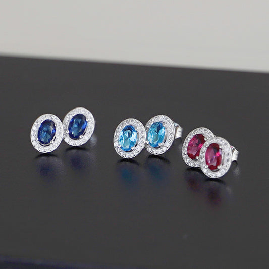 Sterling Silver Halo Earrings Blue Sapphire Red Ruby Light Blue Aquamarine Colour CZ Studs
