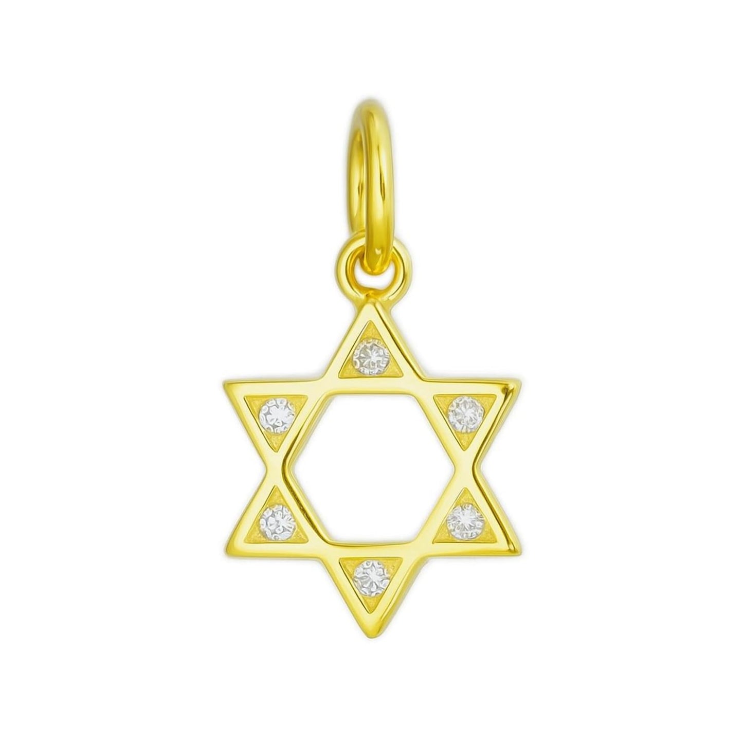 Gold Star of David pendant with six round gemstones on a bail