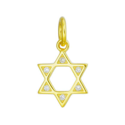 Gold Star of David pendant with six round gemstones on a bail