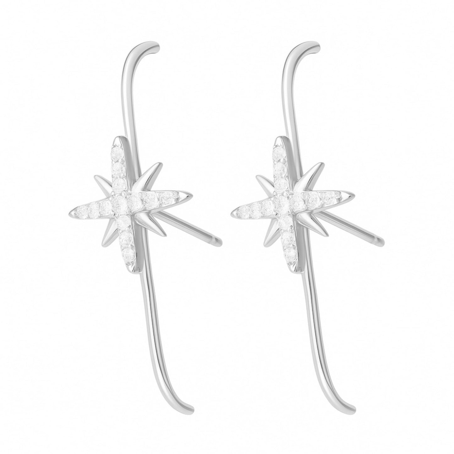 Sterling Silver 9mm North Pole Star Pave CZ Suspender Bar Cuff Stud Earrings 2 Tones Rhodium / 18K Gold