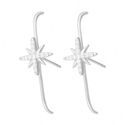 Sterling Silver 9mm North Pole Star Pave CZ Suspender Bar Cuff Stud Earrings 2 Tones Rhodium / 18K Gold