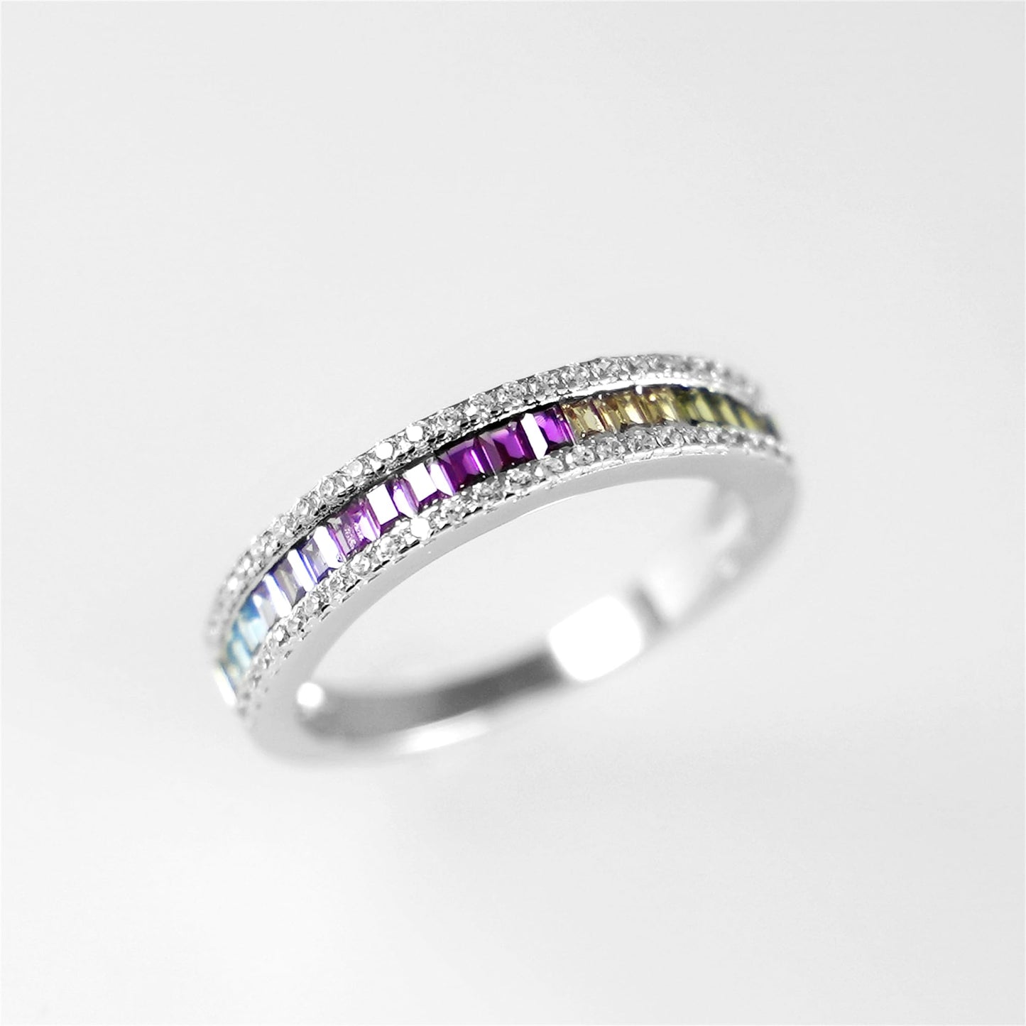 Rhodium on Sterling Silver Half Channel Set Baguette Rainbow Multi-Colour CZ Eternity Ring