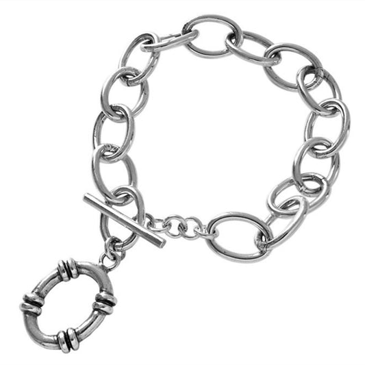 Sterling Silver Oxidised Linked Circle Chain T Bar Bracelet Full UK Hallmark Small Wrist 6.3'' - 7.3''