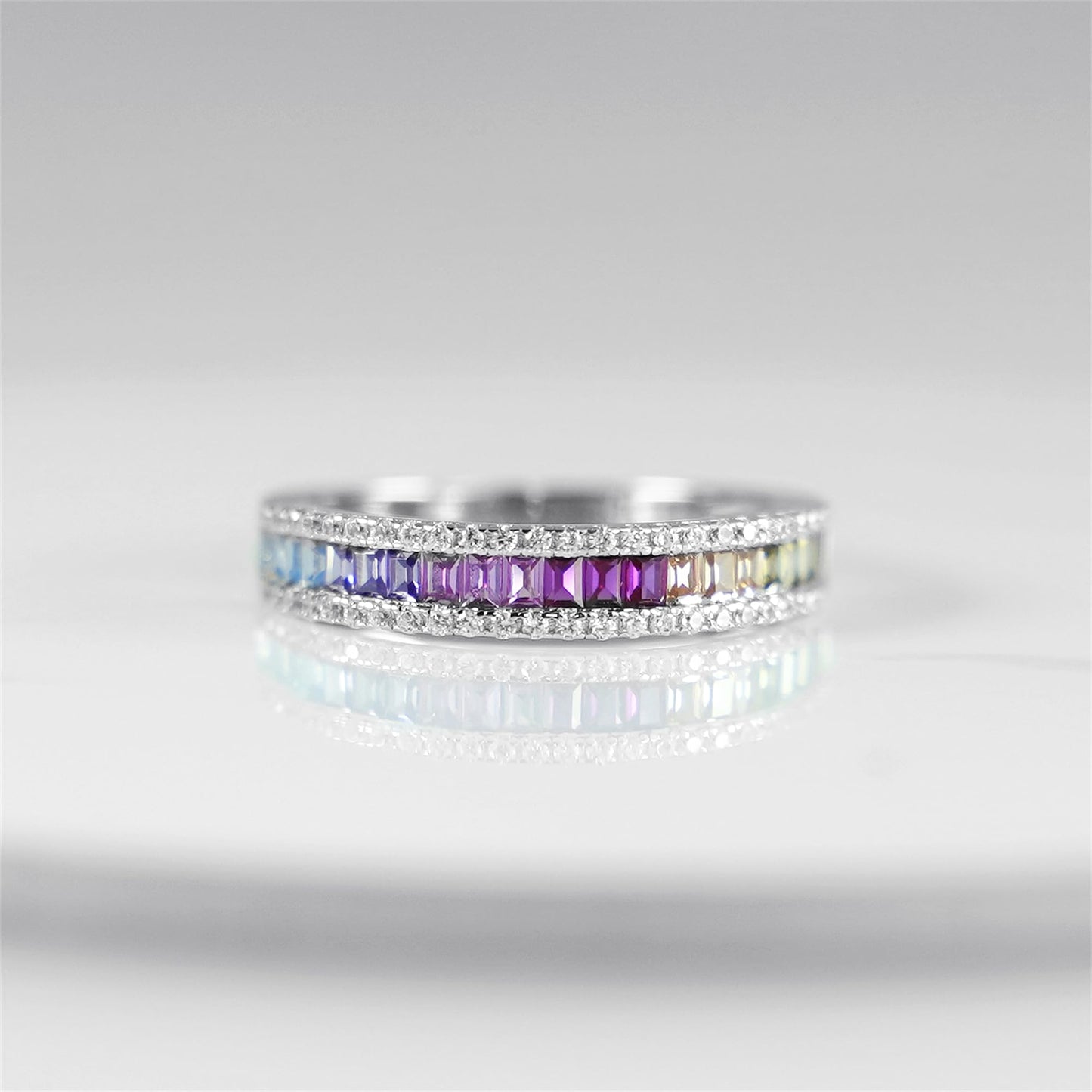 Rhodium on Sterling Silver Half Channel Set Baguette Rainbow Multi-Colour CZ Eternity Ring