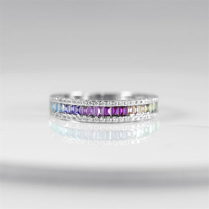 Rhodium on Sterling Silver Half Channel Set Baguette Rainbow Multi-Colour CZ Eternity Ring