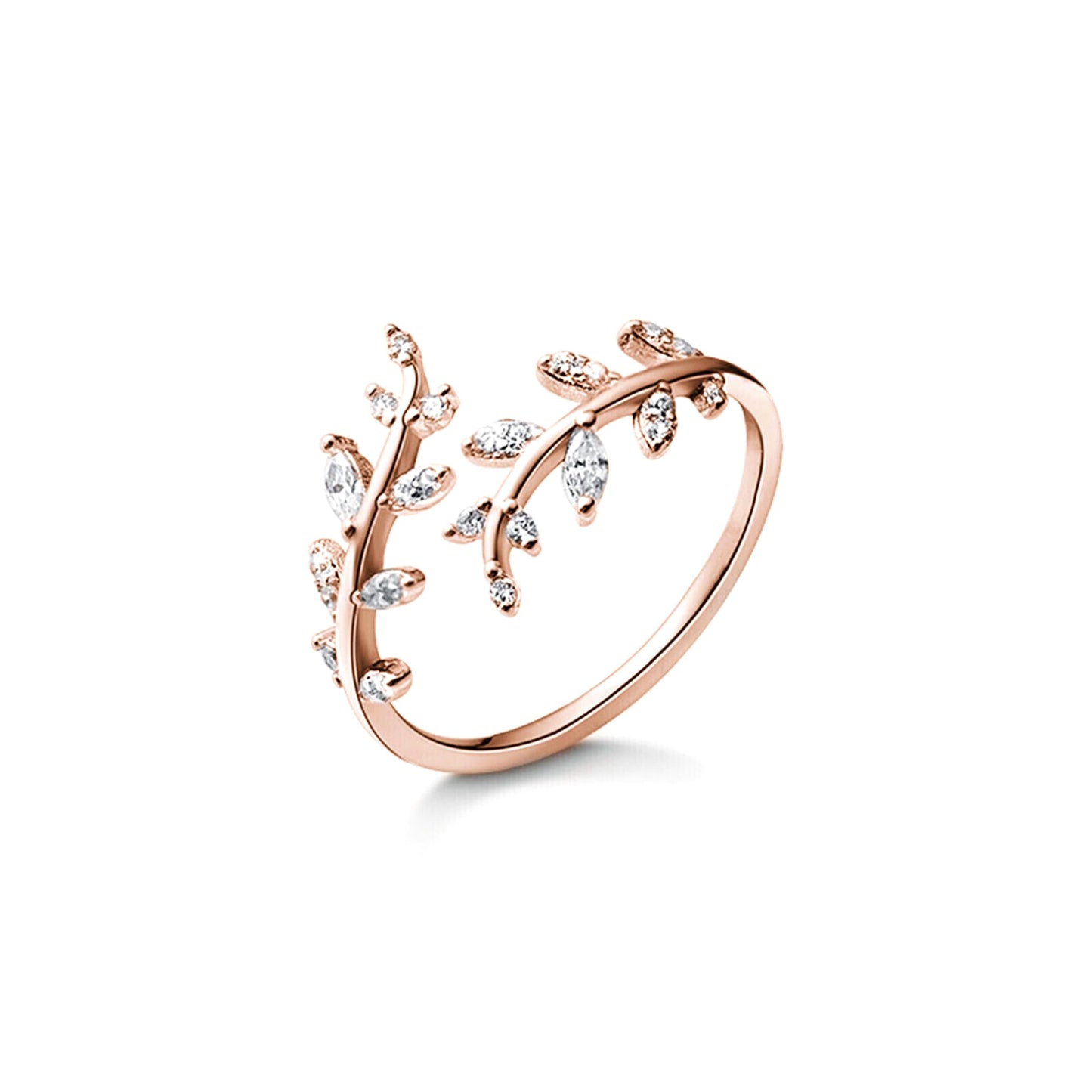 Sterling Silver Cubic Zirconia Leaf Feather Bridal Wrap Ring Adjustable Rhodium / 18K Gold