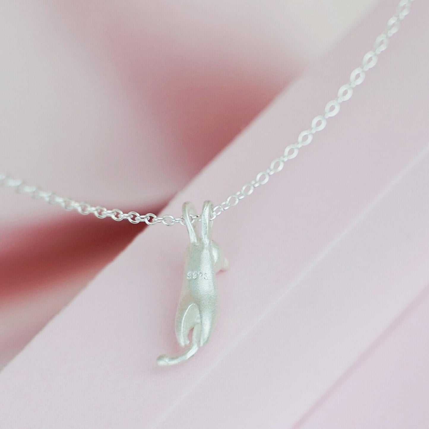 Sterling Silver Matte Hanging Cat Jumping Kitten Pendant Necklace