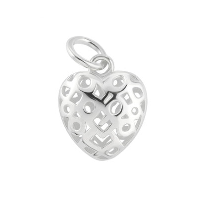 Polished heart pendant with cut-out filigree pattern and round loop