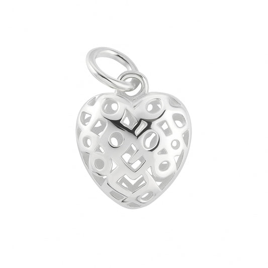 Polished heart pendant with cut-out filigree pattern and round loop