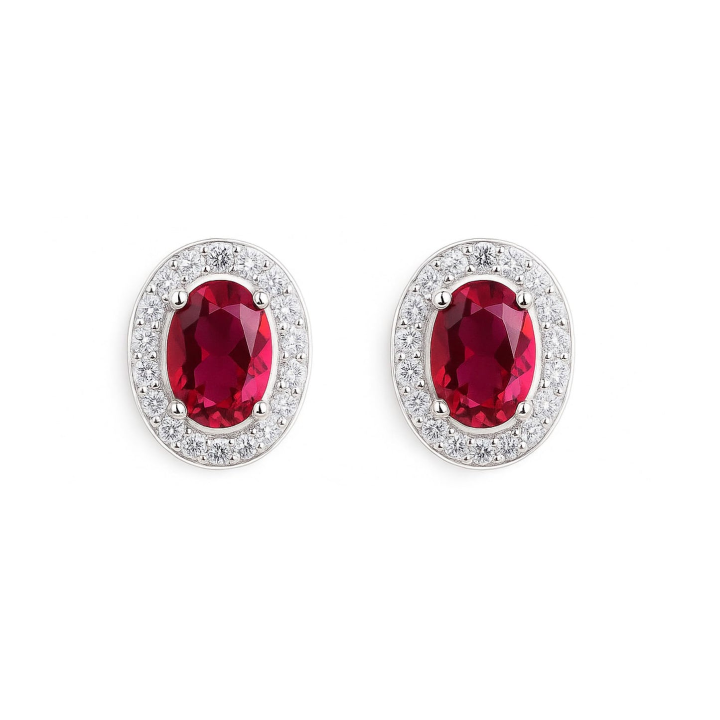 Oval halo CZ stud earrings with ruby-red oval stones and silver pavé halo