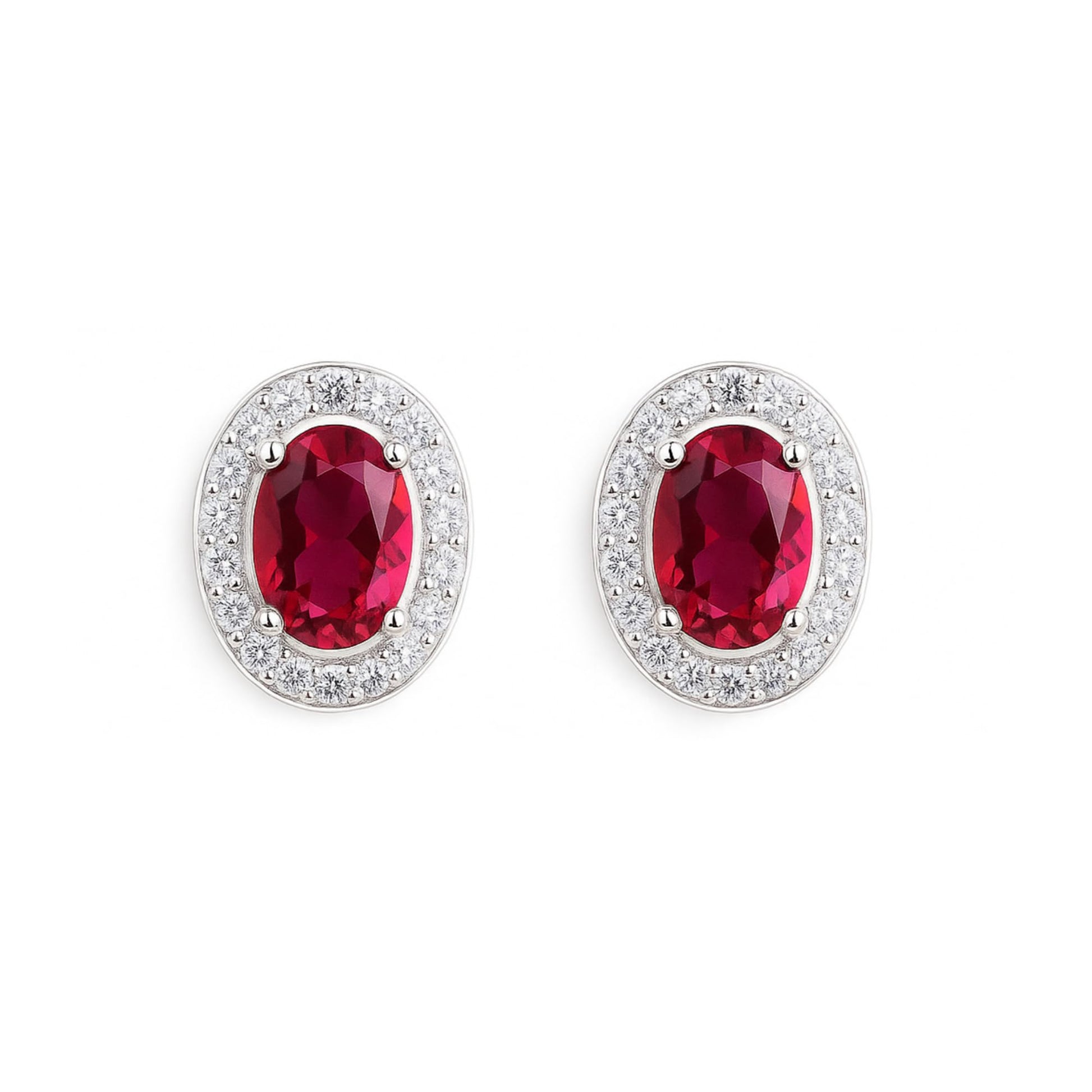 Oval halo CZ stud earrings with ruby-red oval stones and silver pavé halo